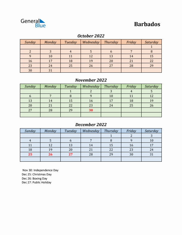 Q4 2022 Holiday Calendar - Barbados