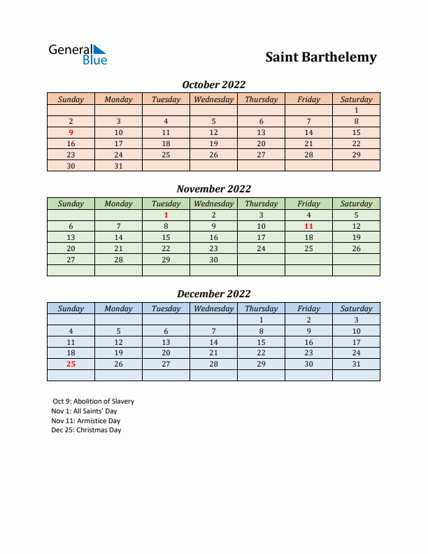 Q4 2022 Holiday Calendar - Saint Barthelemy