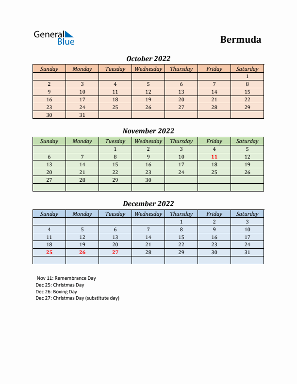 Q4 2022 Holiday Calendar - Bermuda