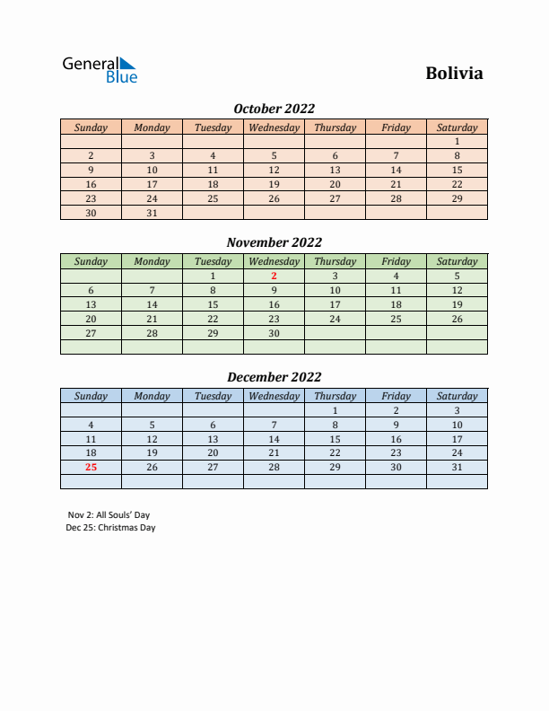 Q4 2022 Holiday Calendar - Bolivia