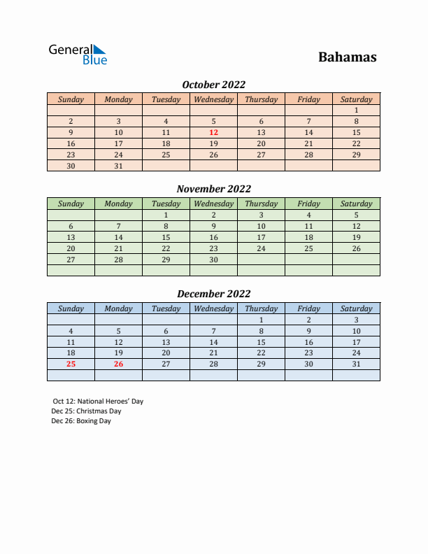 Q4 2022 Holiday Calendar - Bahamas