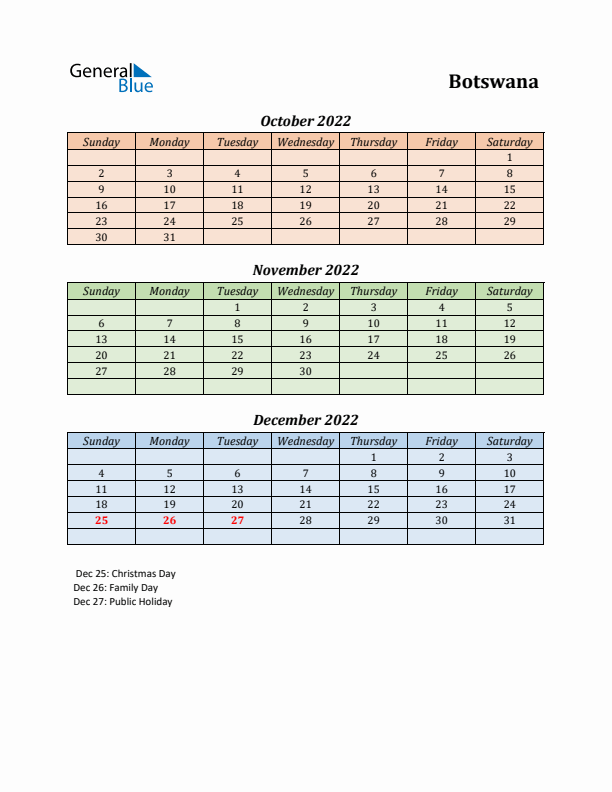 Q4 2022 Holiday Calendar - Botswana