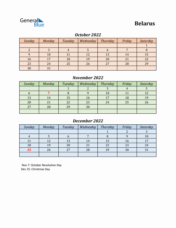 Q4 2022 Holiday Calendar - Belarus