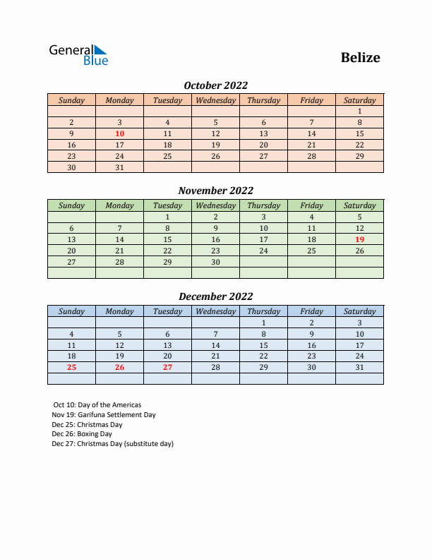 Q4 2022 Holiday Calendar - Belize