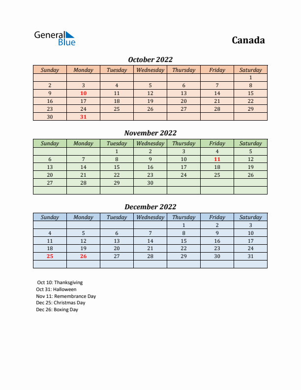 Q4 2022 Holiday Calendar - Canada