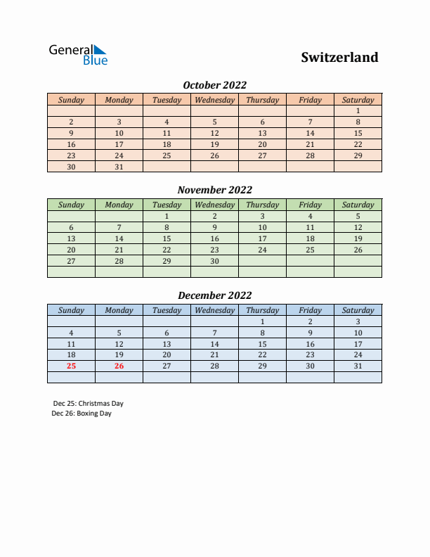 Q4 2022 Holiday Calendar - Switzerland