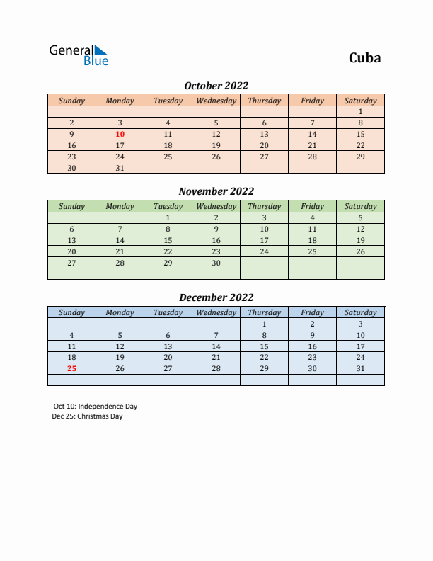 Q4 2022 Holiday Calendar - Cuba