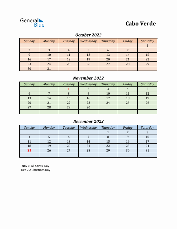 Q4 2022 Holiday Calendar - Cabo Verde