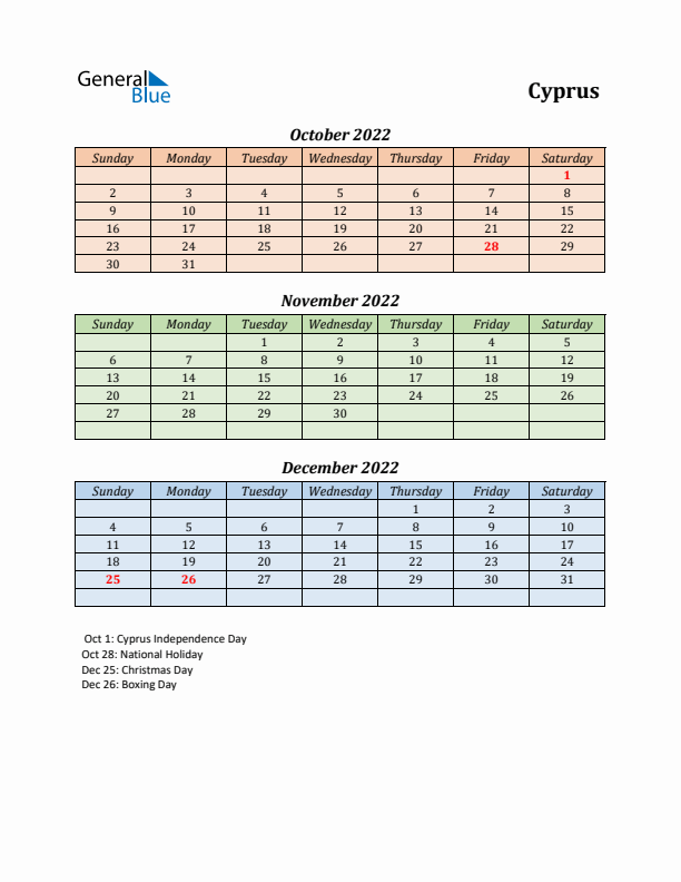 Q4 2022 Holiday Calendar - Cyprus