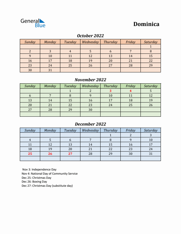 Q4 2022 Holiday Calendar - Dominica