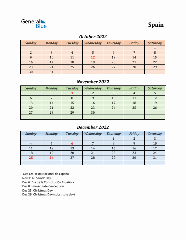 Q4 2022 Holiday Calendar - Spain