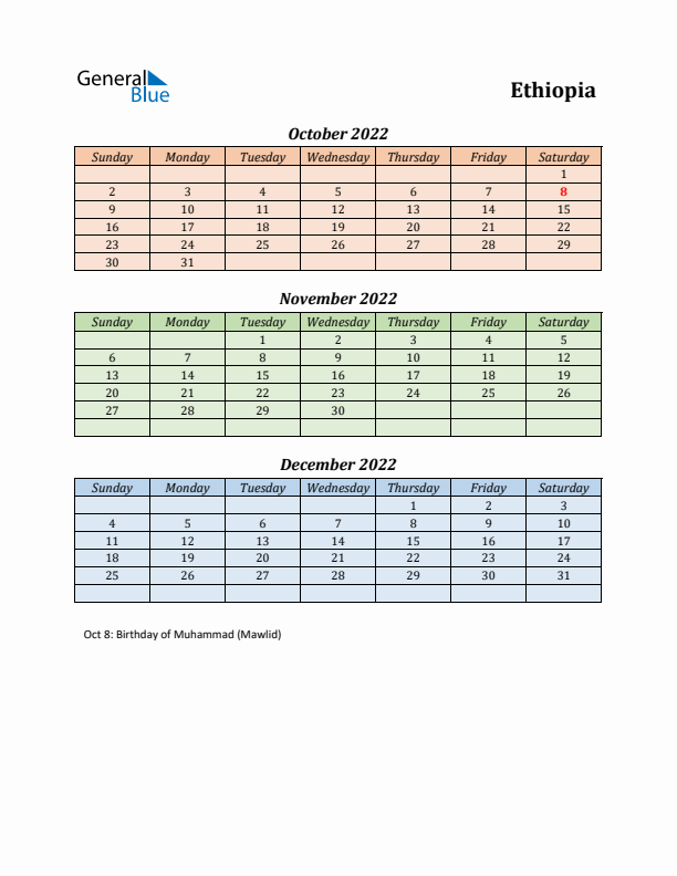 Q4 2022 Holiday Calendar - Ethiopia