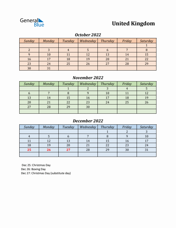 Q4 2022 Holiday Calendar - United Kingdom