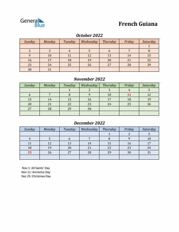 Q4 2022 Holiday Calendar - French Guiana