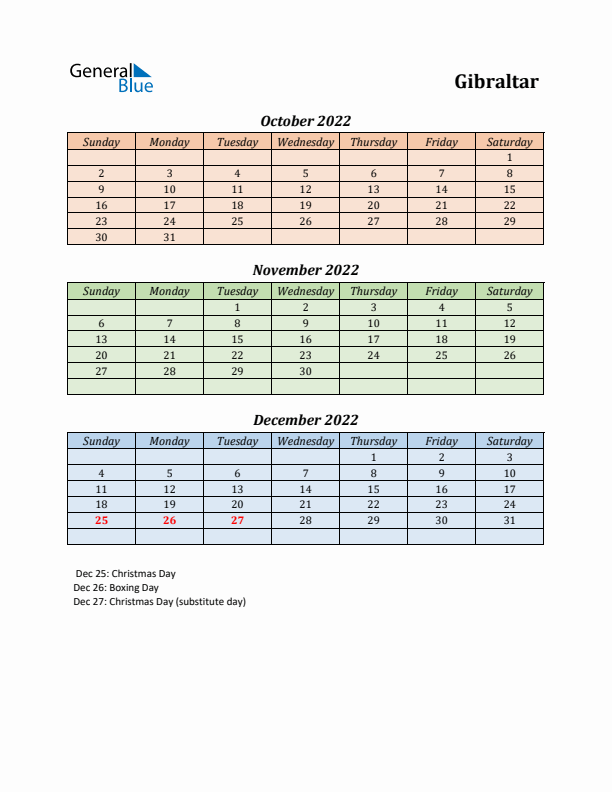 Q4 2022 Holiday Calendar - Gibraltar