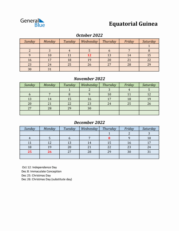 Q4 2022 Holiday Calendar - Equatorial Guinea