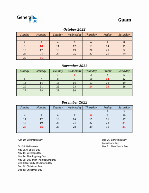 Q4 2022 Holiday Calendar - Guam