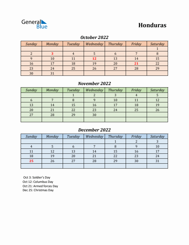 Q4 2022 Holiday Calendar - Honduras