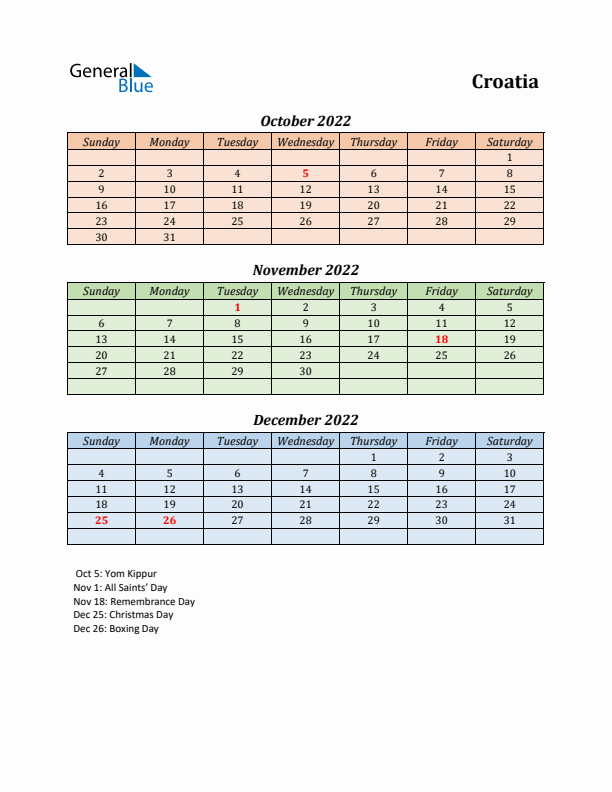 Q4 2022 Holiday Calendar - Croatia