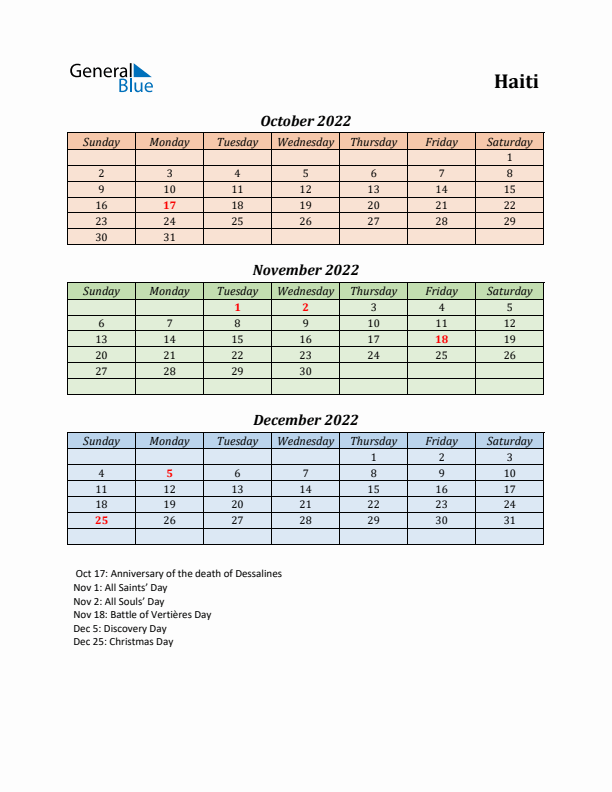 Q4 2022 Holiday Calendar - Haiti