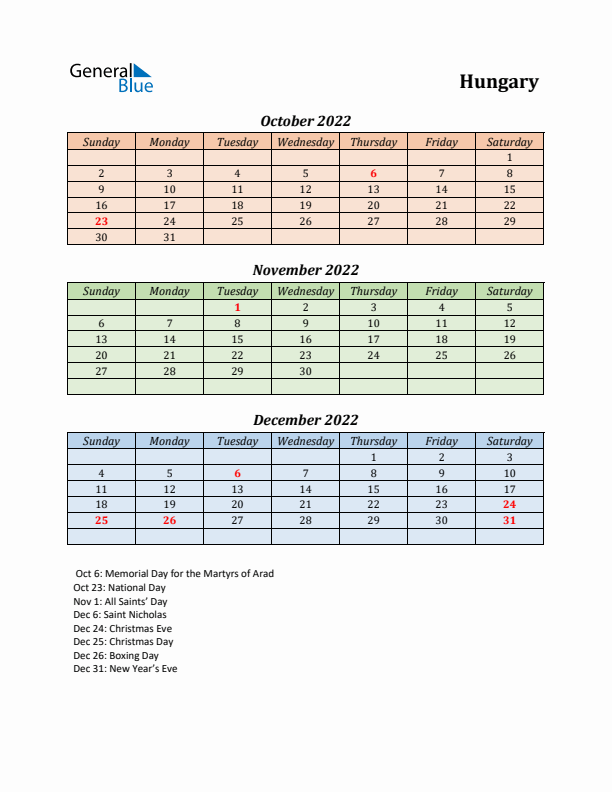 Q4 2022 Holiday Calendar - Hungary