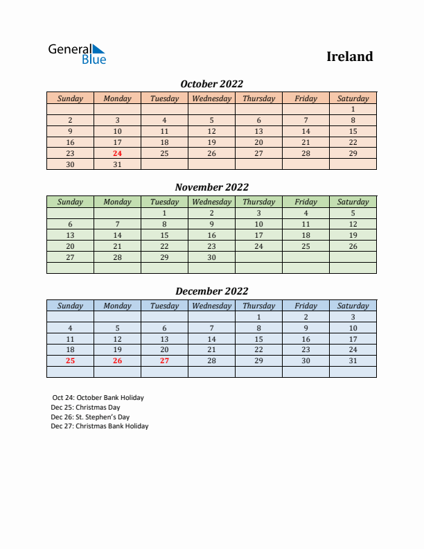 Q4 2022 Holiday Calendar - Ireland