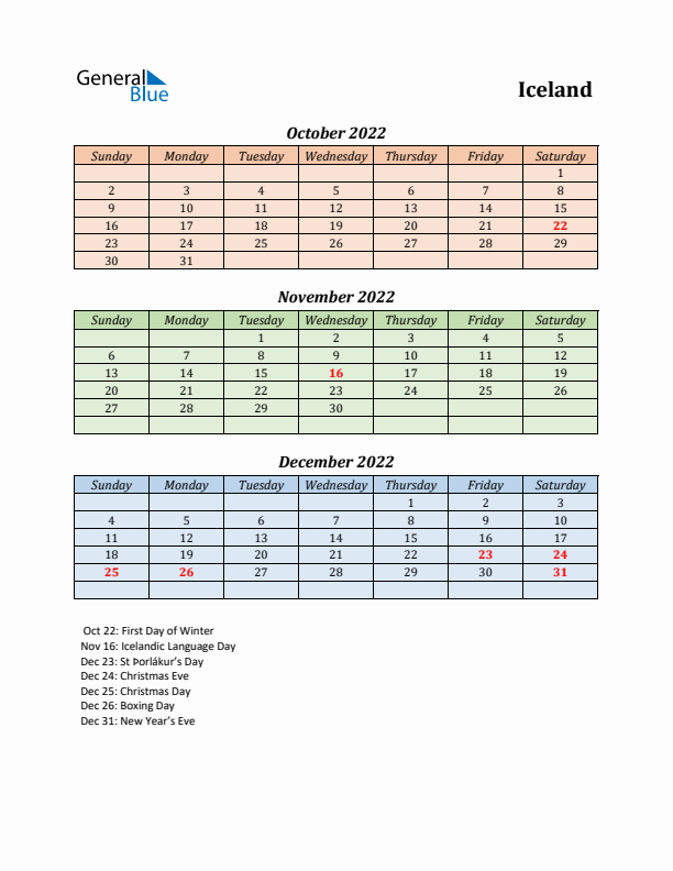 Q4 2022 Holiday Calendar - Iceland