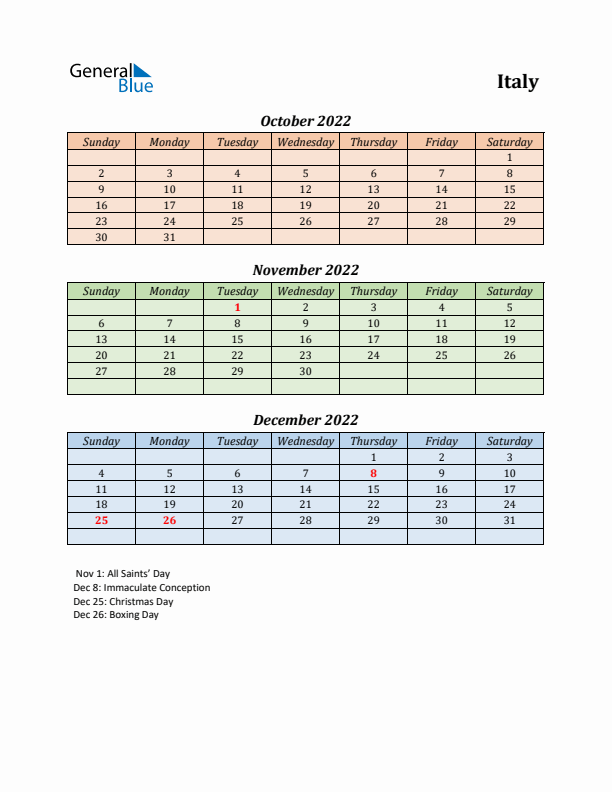 Q4 2022 Holiday Calendar - Italy