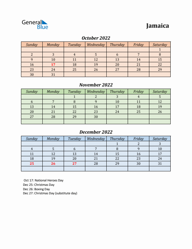 Q4 2022 Holiday Calendar - Jamaica