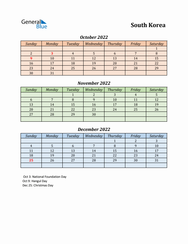 Q4 2022 Holiday Calendar - South Korea