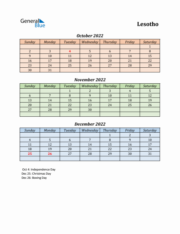 Q4 2022 Holiday Calendar - Lesotho