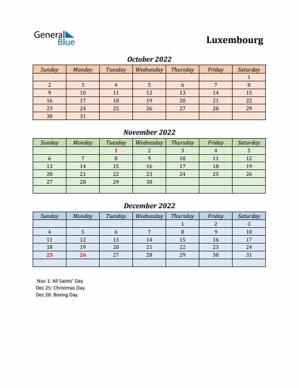 Q4 2022 Holiday Calendar - Luxembourg