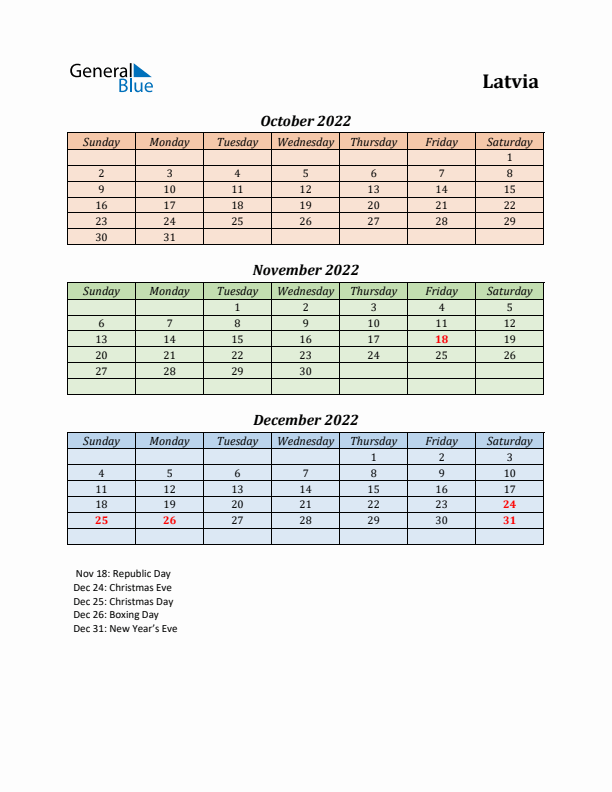 Q4 2022 Holiday Calendar - Latvia