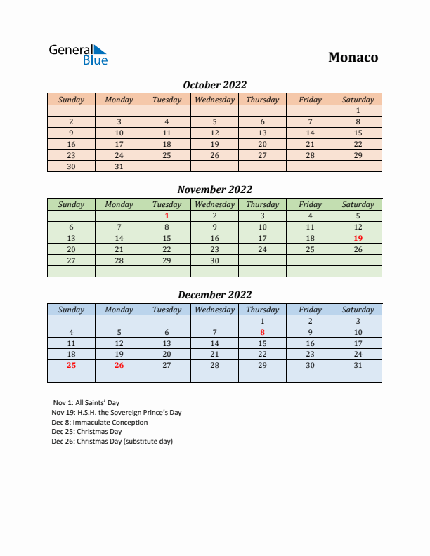 Q4 2022 Holiday Calendar - Monaco