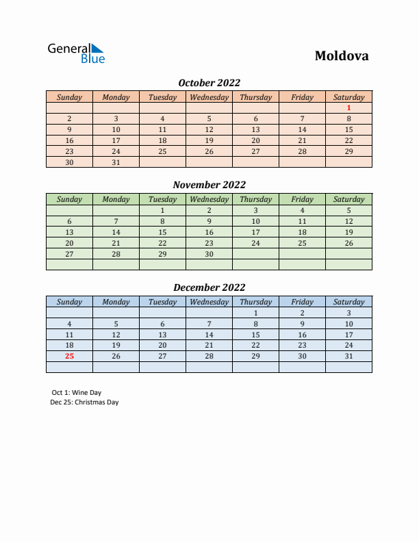 Q4 2022 Holiday Calendar - Moldova