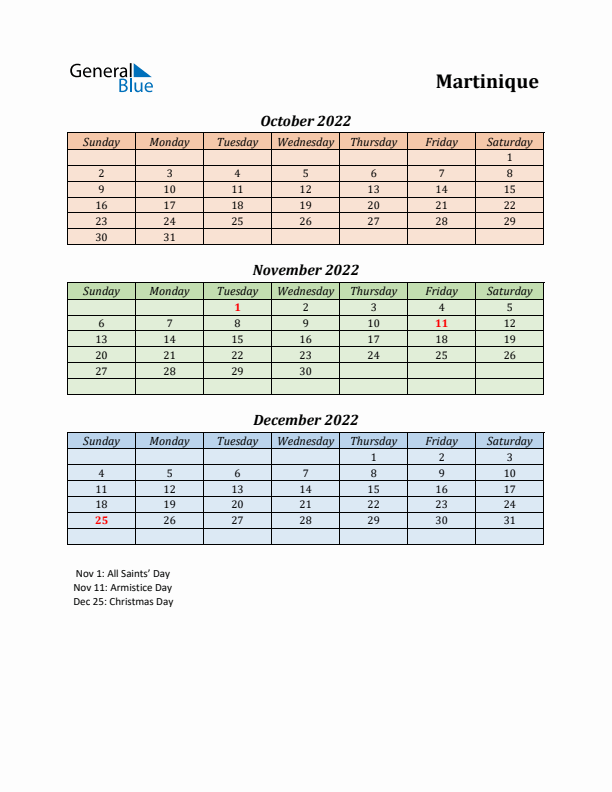 Q4 2022 Holiday Calendar - Martinique