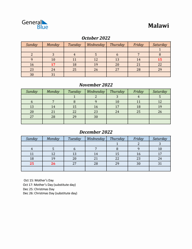 Q4 2022 Holiday Calendar - Malawi