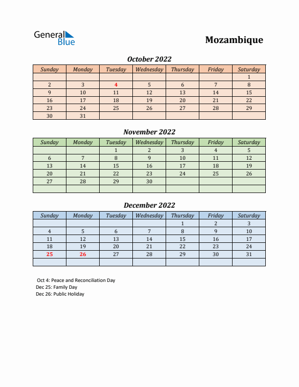 Q4 2022 Holiday Calendar - Mozambique