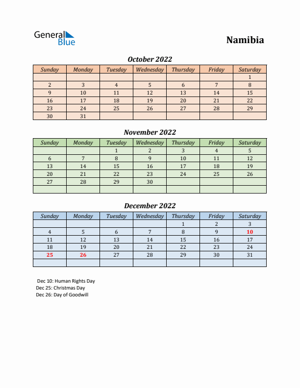 Q4 2022 Holiday Calendar - Namibia