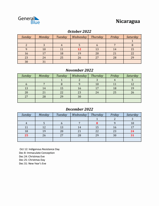 Q4 2022 Holiday Calendar - Nicaragua