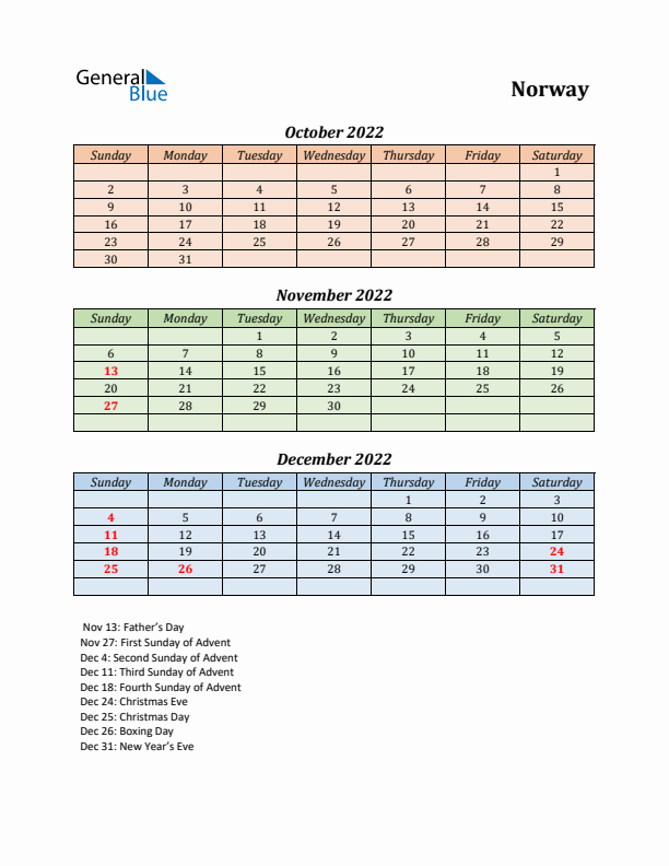 Q4 2022 Holiday Calendar - Norway