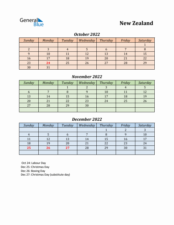 Q4 2022 Holiday Calendar - New Zealand