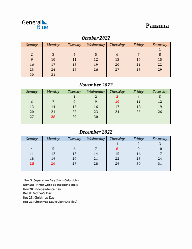 Q4 2022 Holiday Calendar - Panama