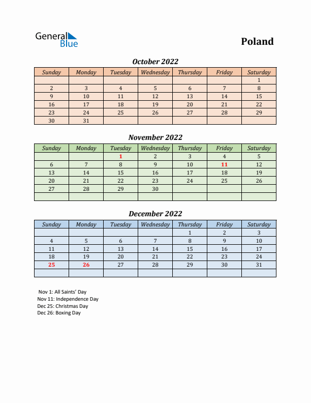 Q4 2022 Holiday Calendar - Poland