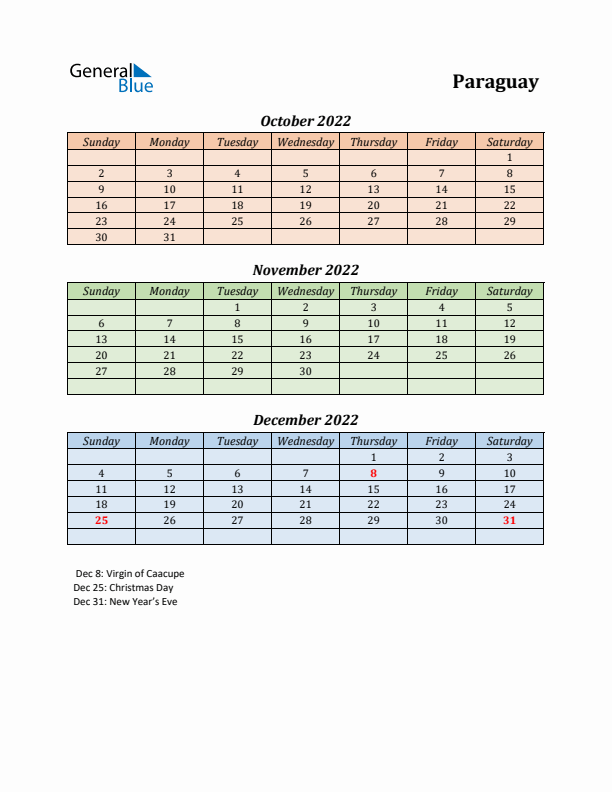 Q4 2022 Holiday Calendar - Paraguay