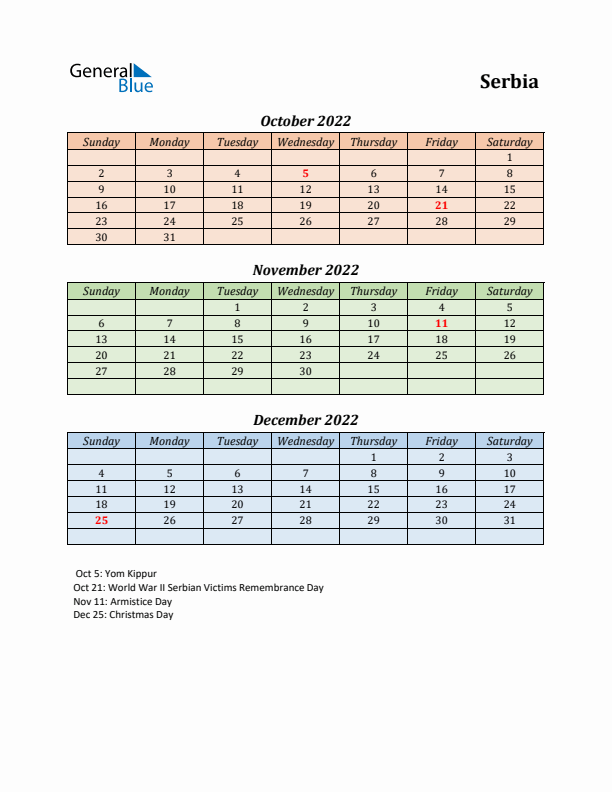 Q4 2022 Holiday Calendar - Serbia