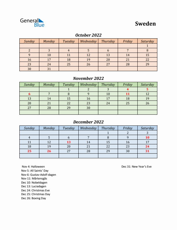 Q4 2022 Holiday Calendar - Sweden