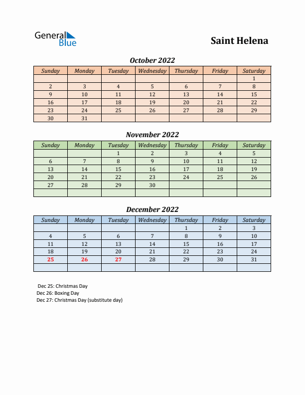 Q4 2022 Holiday Calendar - Saint Helena