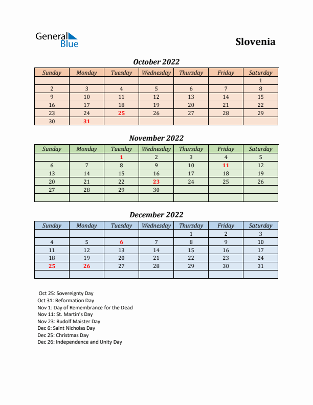 Q4 2022 Holiday Calendar - Slovenia