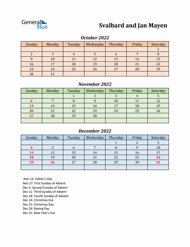 Q4 2022 Holiday Calendar - Svalbard and Jan Mayen